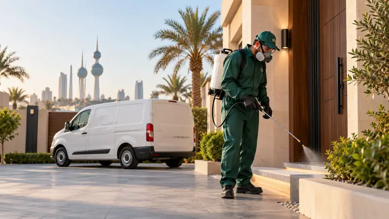 فني مكافحة حشرات يرش أمام بيت في الكويت مع سيارة الخدمة